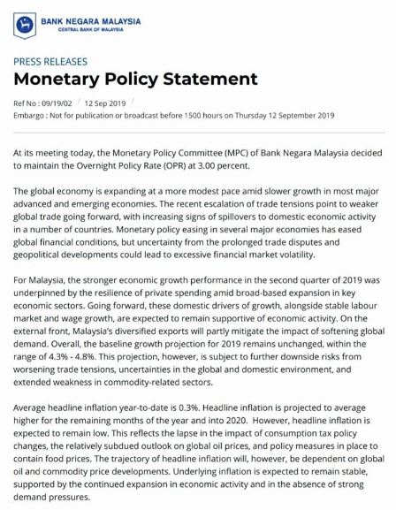 Bank Negara maintains Overnight Policy Rate at 3%